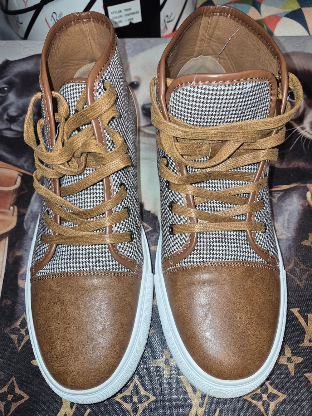 HUGO Brown Faux-Leather & Houndstooth High-Top Sneakers